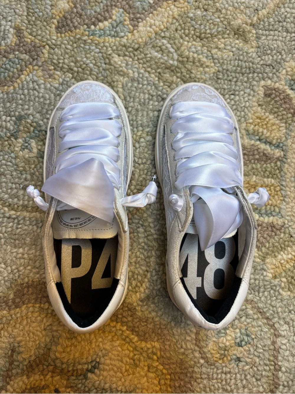P448 Women's White Lace Satin-Trim Sneakers
